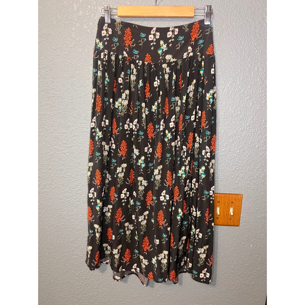 Natural Life Floral Midi Skirt Black Smocked Waist Rayon Boho Medium